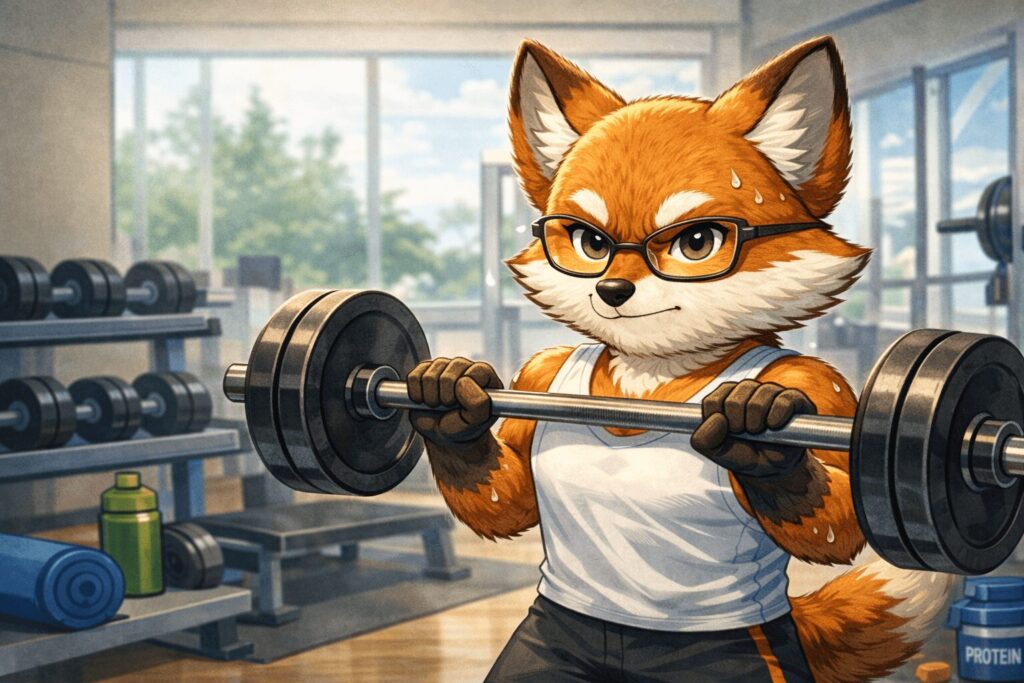 ジムでバーベルを持つキツネ