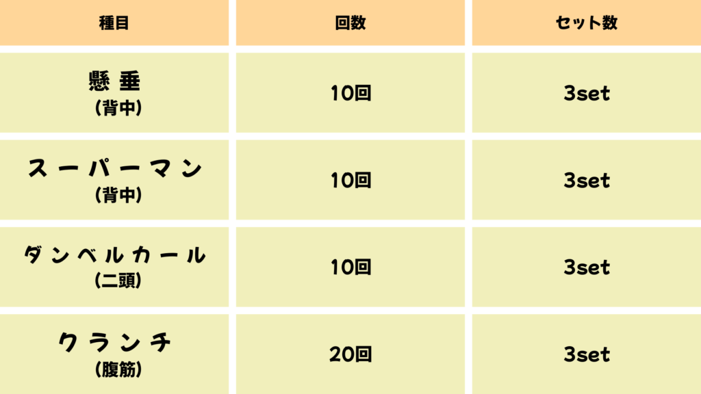 分割法トレーニングのメニュー（３分割の背中・二頭・腹）家トレ